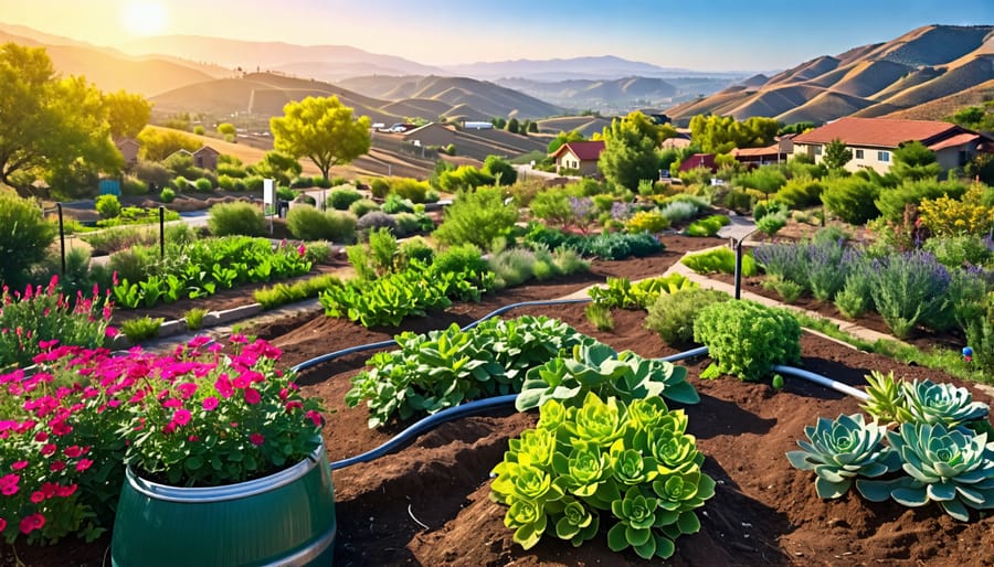 A farm or garden implementing water conservation methods including drip irrigation, rain barrels, and mulched garden beds, with terraced hillsides and drought-tolerant plants in the background.