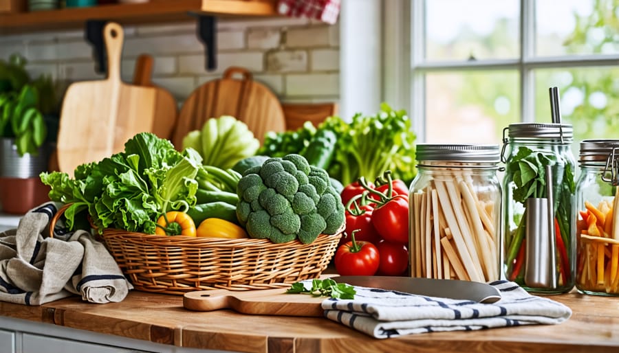 Rustic farmhouse kitchen with reusable produce bags, stainless steel straws, and a wooden compost bin, illustrating sustainable living practices.