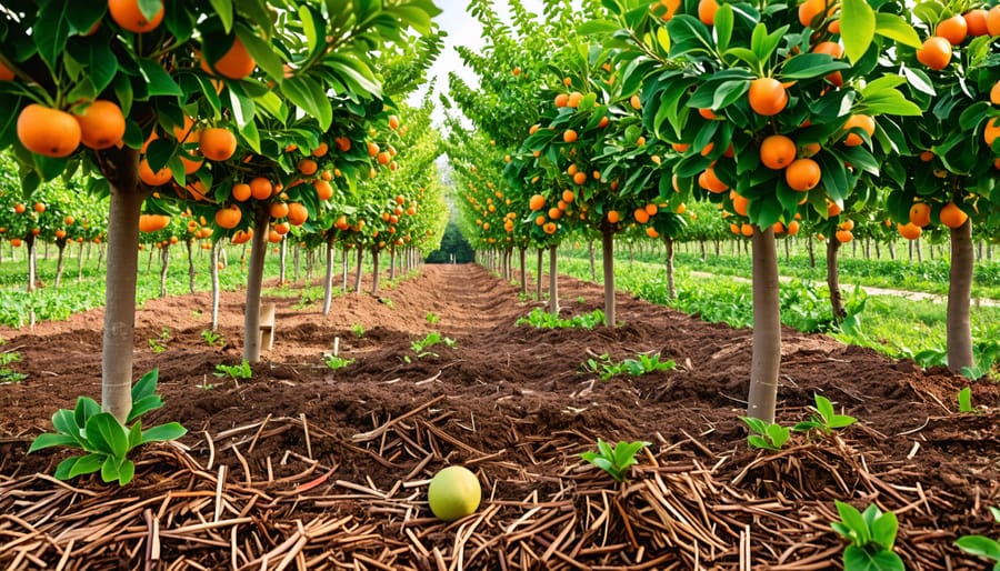 A well-maintained orchard showing fruit trees surrounded by a thick layer of organic mulch, illustrating effective weed control methods.