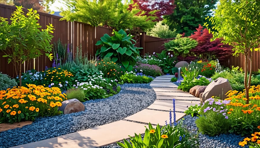 "A vibrant garden with a rain harvesting setup, including rain barrels, cisterns, and a rain garden, showcasing gravel pathways and native plants."