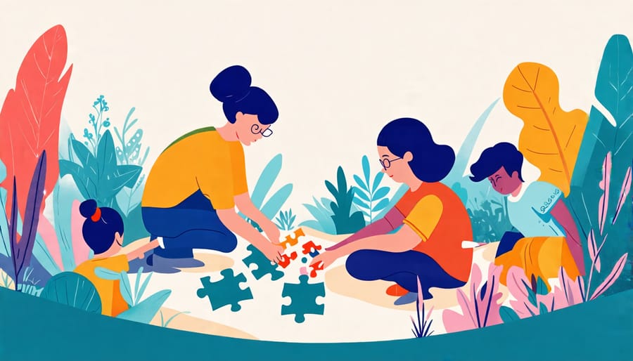 Teachers and students solving a puzzle together in a garden environment