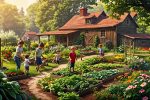 Participants of all ages engaged in a mystery garden game, surrounded by heirloom plants and using historical tools. A rustic farmhouse setting completes the scene, promoting an atmospheric and educational experience.