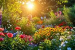 A picturesque garden in golden hour lighting, showcasing a rich tapestry of colorful blooms, lush foliage, and subtle earthy textures, conveying a sense of community and engagement.