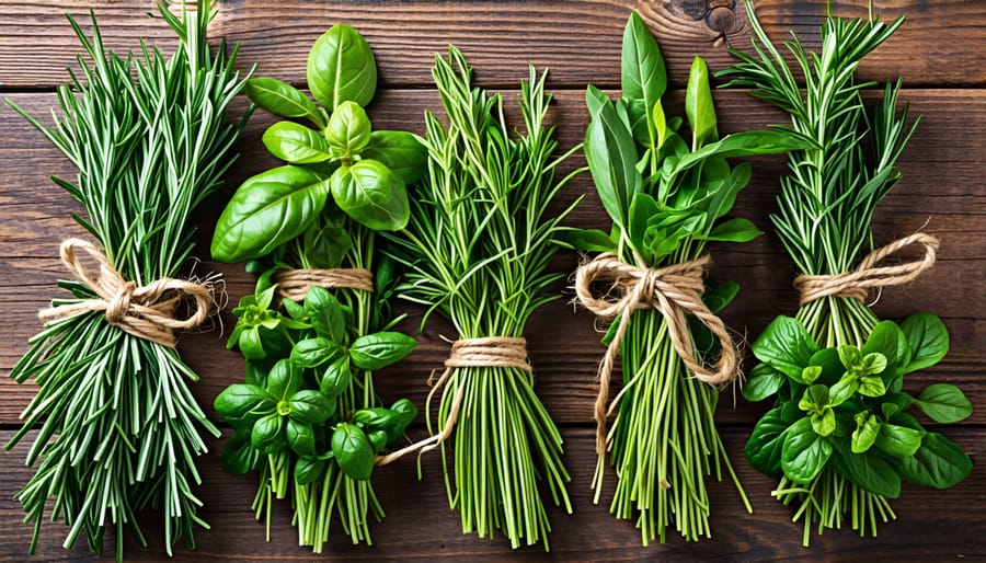 Bundles of fresh garden herbs tied with twine