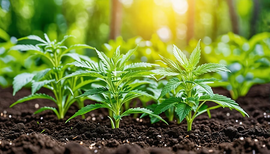 Freshly prepared garden bed with young CBD herb plants ready for growth