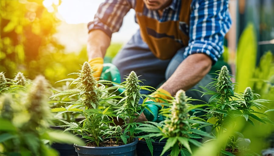 A gardener carefully pruning CBD herb plants in a garden setting