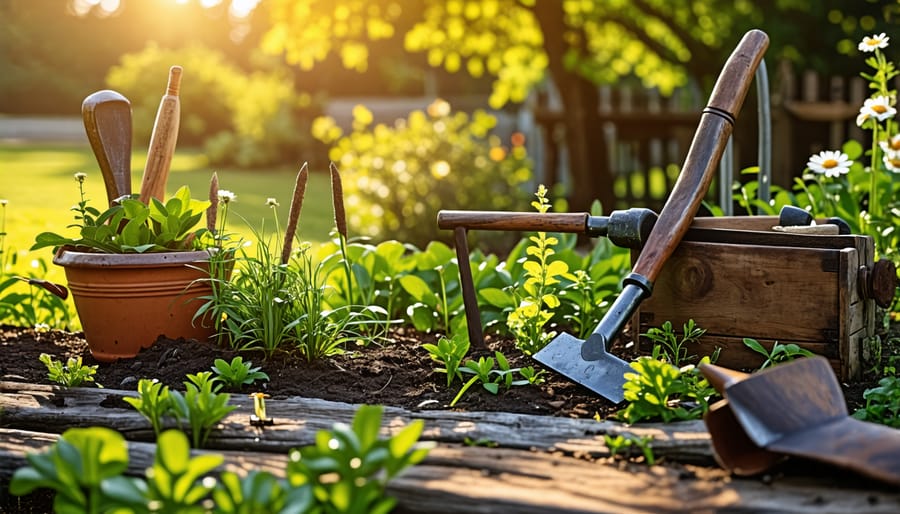 Historical farm tools displayed in a garden