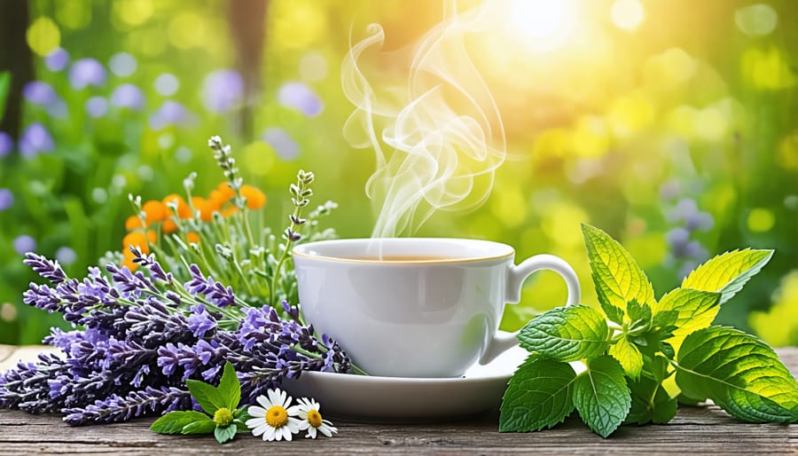 A steaming cup of herbal tea nestled among an array of fresh herbs, including lavender, chamomile, mint, lemon balm, and lemon verbena, set against a backdrop of a lush garden.