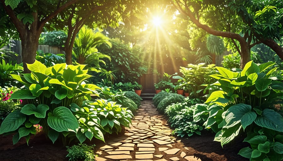 An illustration of a serene and thriving home garden with kratom plants. Sunlight filters through tree canopies onto the lush greenery, enriched with companion plants and well-draining soil, embodying sustainable and nurturing gardening practices.