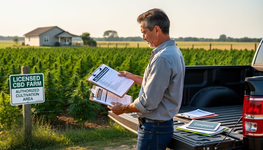 Official licensing documents and hemp plant leaves on farmhouse table