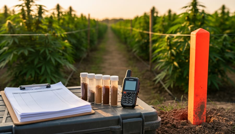 Compliance tools including soil sample vials, a handheld GPS, and a clipboard at the boundary of a small hemp field during golden hour, with blurred rows, a wire fence, and a path in the background.
