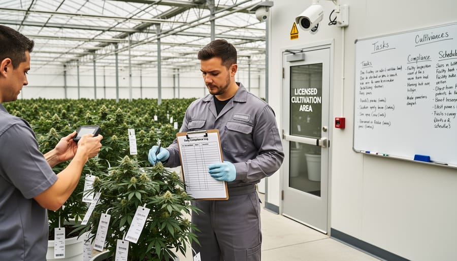 Licensed CBD hemp plants growing in compliant cultivation rows with farmer monitoring