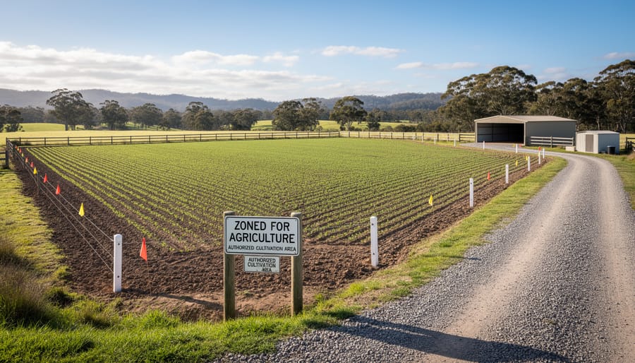 Aerial view of farmhouse property with designated CBD cultivation area