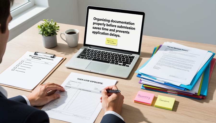Farmer's hands organizing application documents and folders on farm table