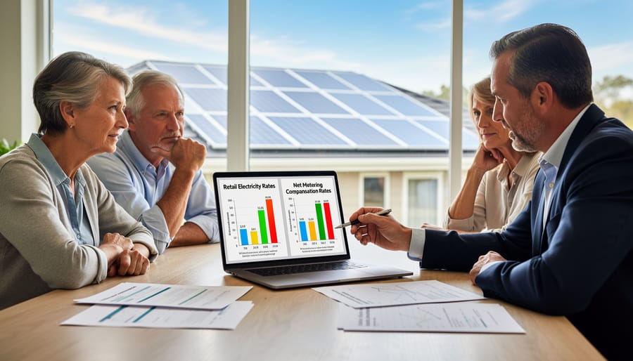 Electricity bill with rate information and calculator on wooden table