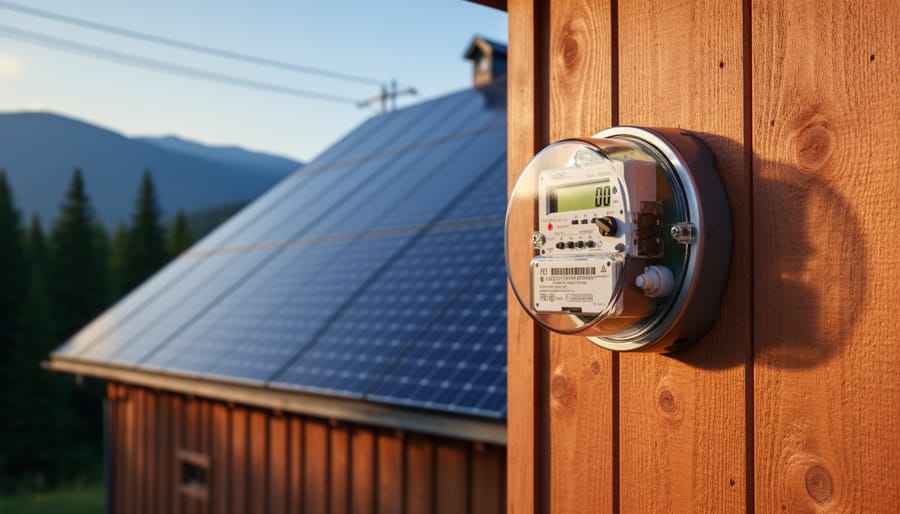 Digital bidirectional electricity meter on a wooden barn with solar panels on the roof, golden hour light, and distant conifer-covered mountains and utility lines on a rural British Columbia homestead.