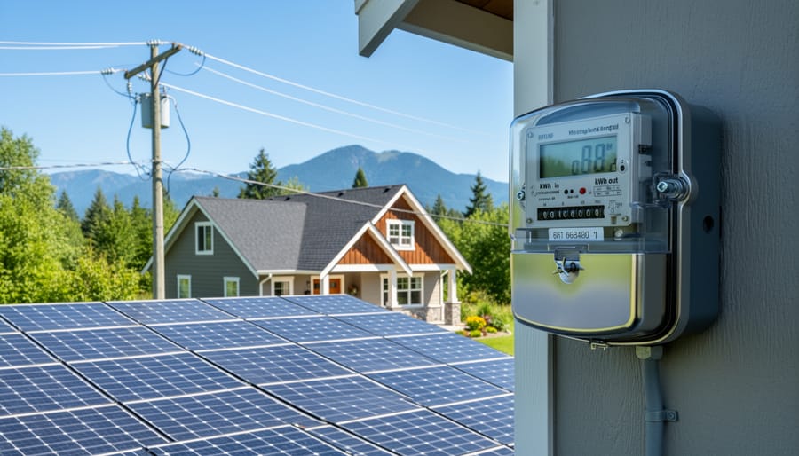 Solar panels on barn roof with bidirectional electricity meter on wall