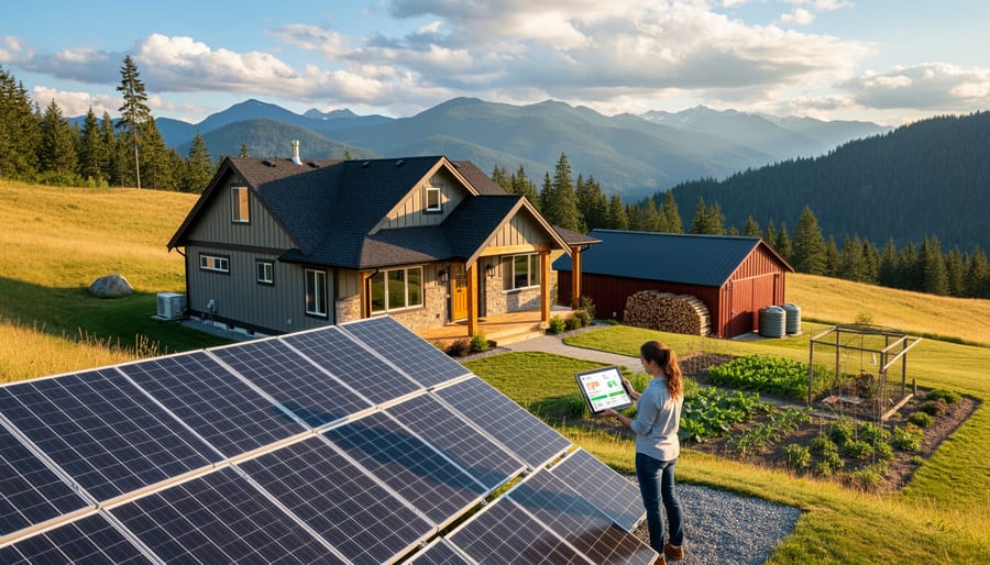 Homesteader adjusting solar panels with farmhouse in background